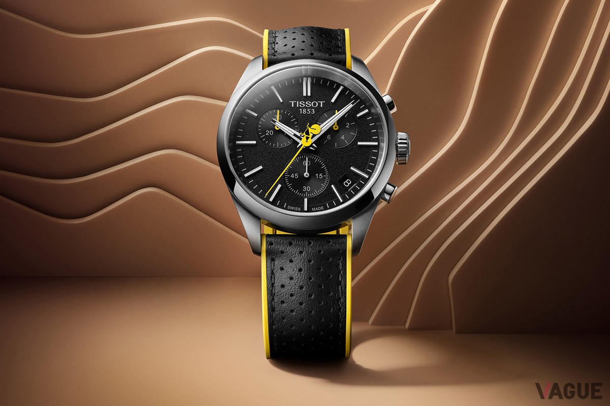大会を象徴するイエローを用いた「TISSOT PR100 ツール・ド・フランス」。この写真はレザーストラップを装着したもの
