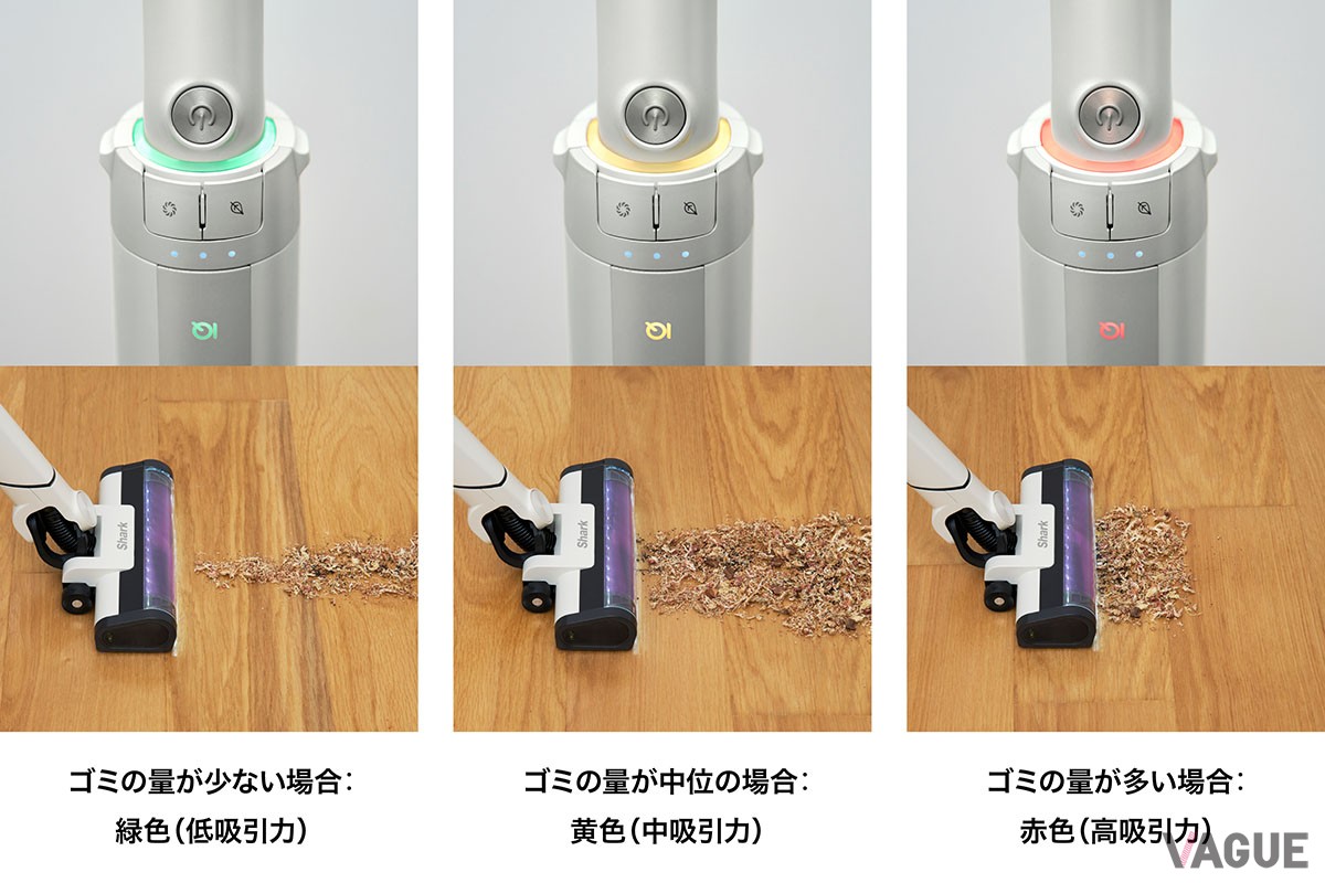 ごみの量に応じて吸引力を自動調整する“iQセンサー”を搭載。吸引力レベルはLEDランプの色で表示、視覚的にも確認することができる