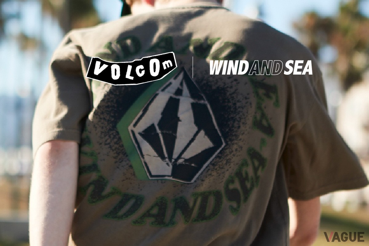 VOLCOMの30年の歴史を感じさせる初期ロゴとWIND AND SEAのロゴが組み合わさったコラボアイテム