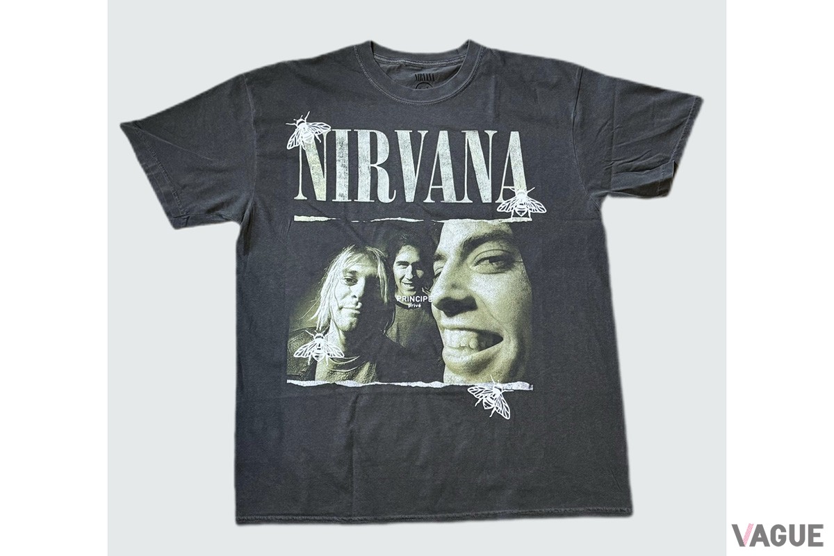フロッキープリントによりフェルトを貼り付けたような風合いがプラス。バンドTシャツという枠を超えて楽しみたい