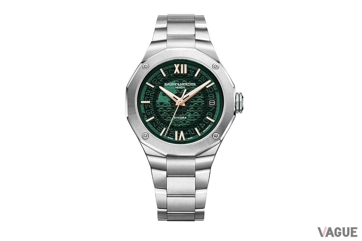 鮮やかなグリーンダイヤルでコートダジュールの松林を、インデックスと針に添えたローズゴールドで降り注ぐ陽光を表現した「リビエラ ボーマティック グリーン」