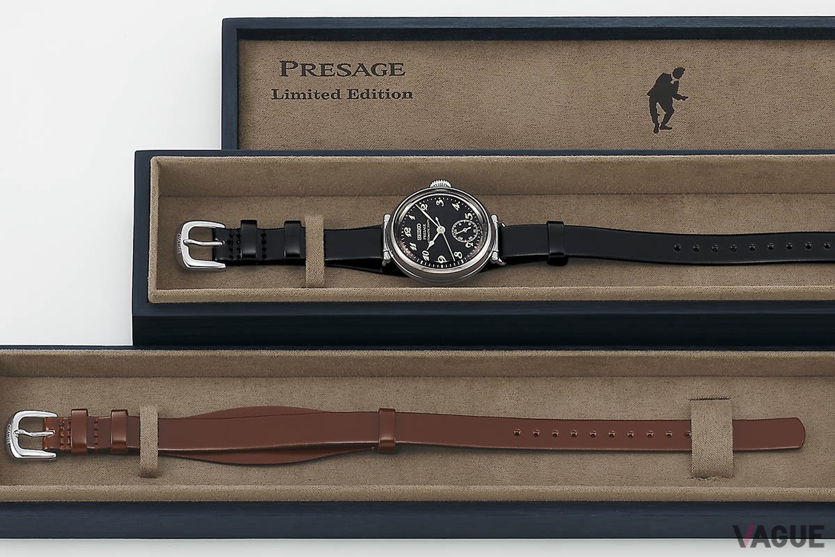 重箱のような二段構造が楽しい特製パッケージ。コードバン・ストラップは手首の細い女性も快適に装着できるよう、通常よりも穴の数を増やしたユニセックス仕様になっている