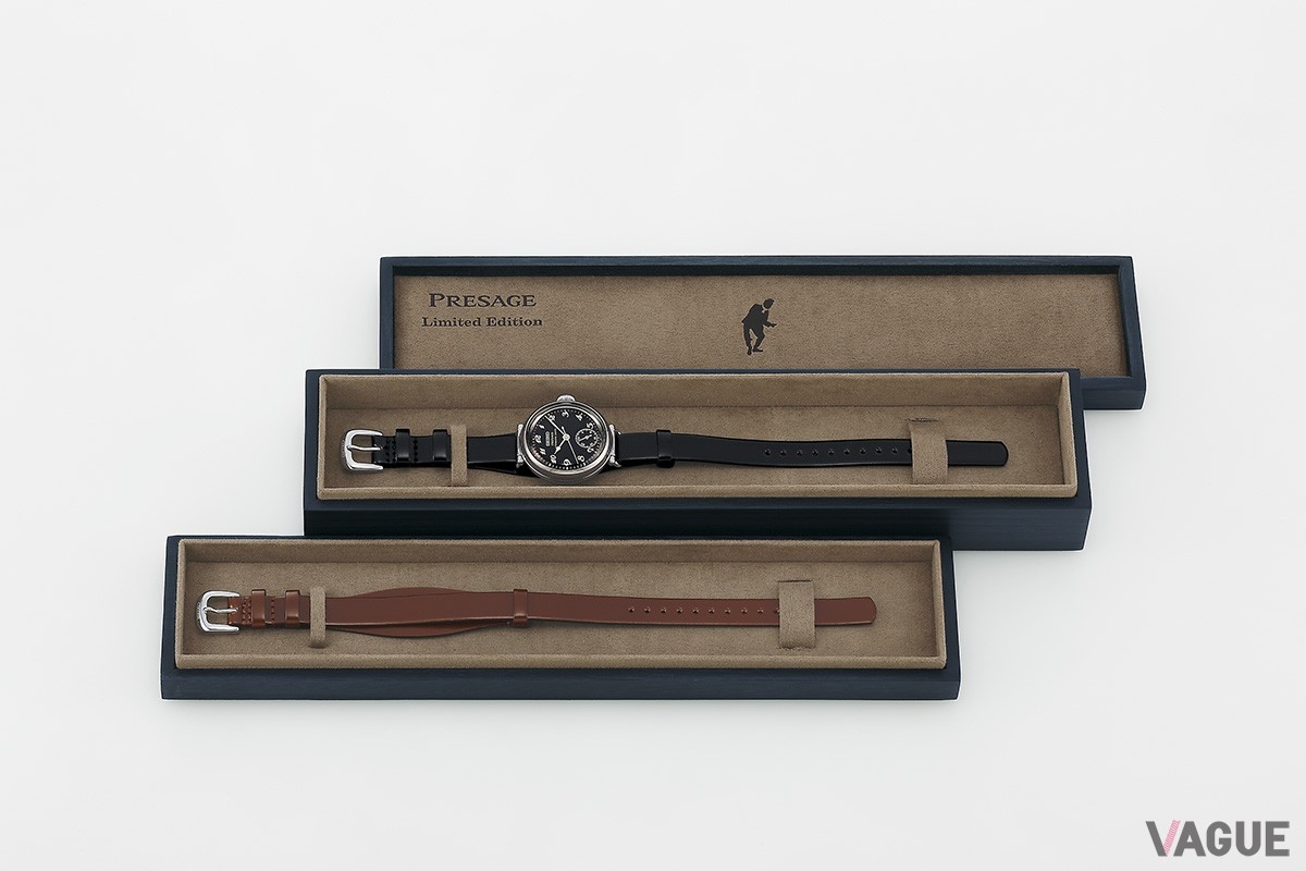 重箱のような二段構造が楽しい特製パッケージ。コードバン・ストラップは手首の細い女性も快適に装着できるよう、通常よりも穴の数を増やしたユニセックス仕様になっている