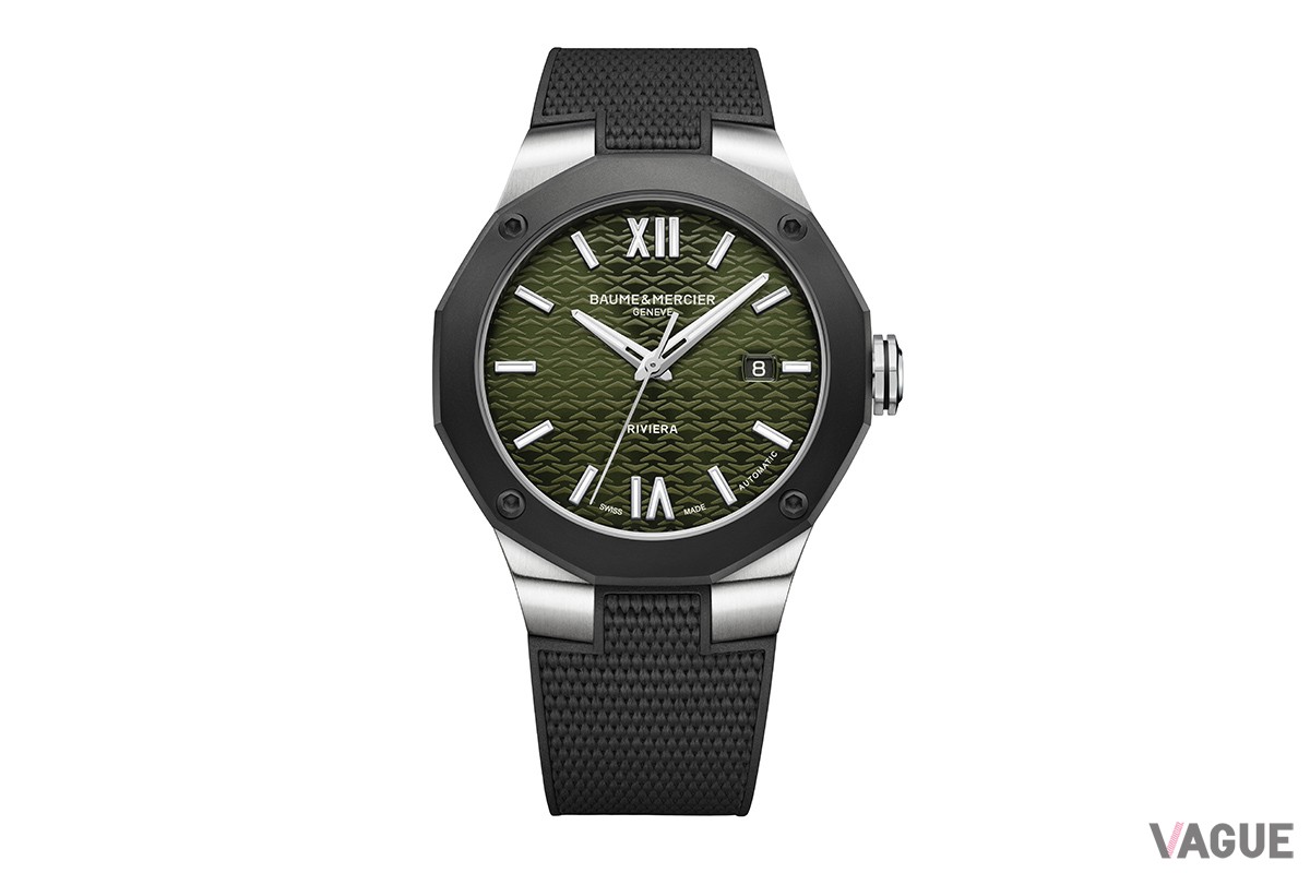 地中海の豊かな植物にインスパイアされたダークグリーンのダイヤルが印象的。ストラップにはキャンバス調の型押しブラックラバーストラップを採用