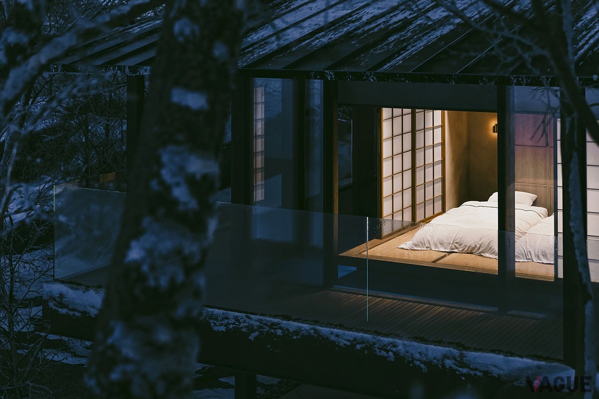 木々の中に浮かぶベッドルーム