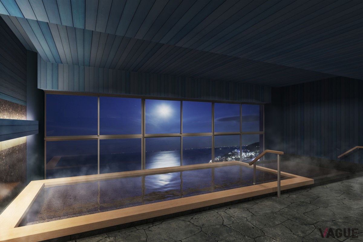 落ち着いたミッドナイトブルーで染色された壁や天井を備えた内湯