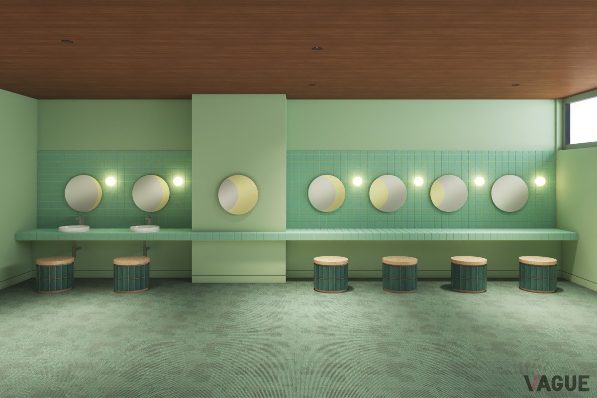 月の満ち欠けを表現した鏡が特徴の脱衣所