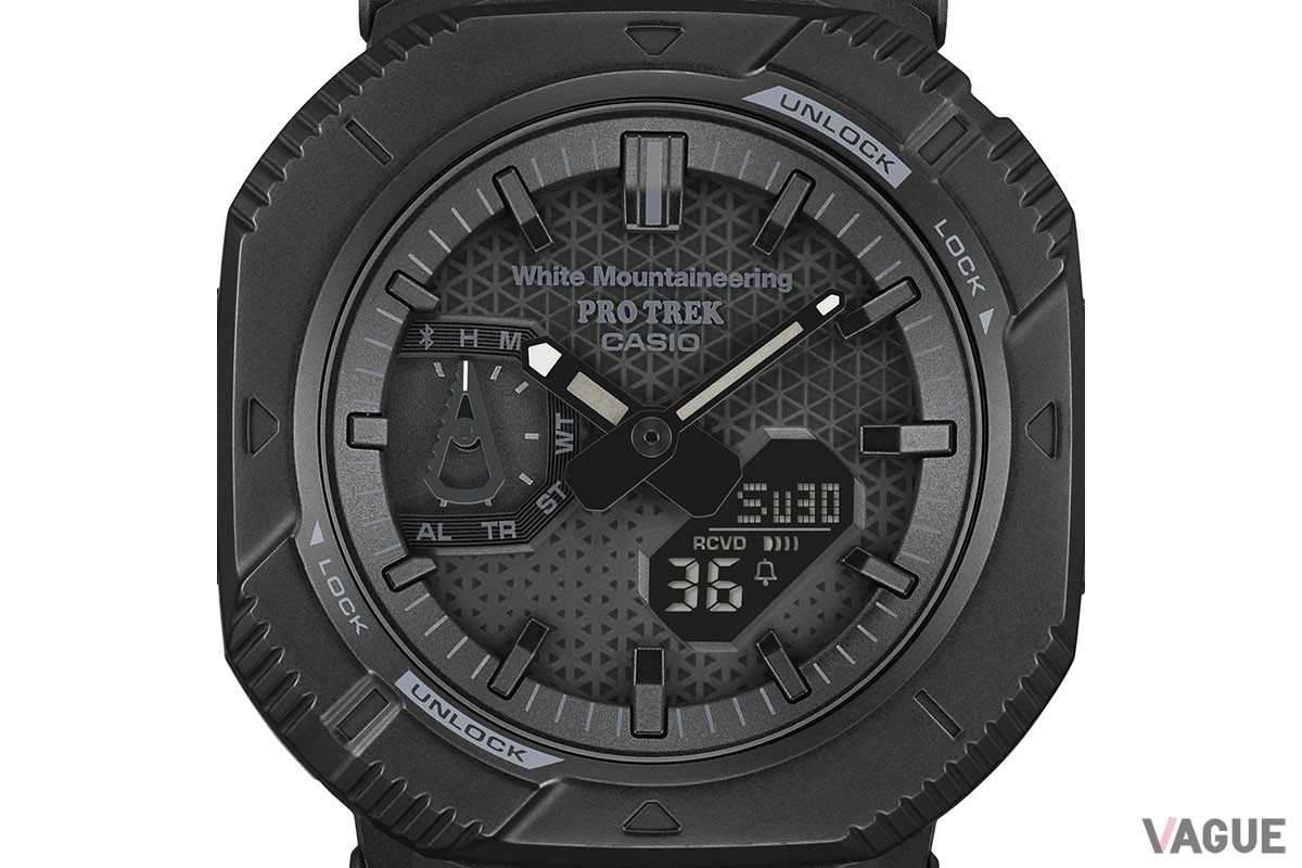 シンプルでスタイリッシュなブランドの世界観を表現したフェイスの中央には、「PRO TREK」と「White Mountaineering」のダブルネームロゴ