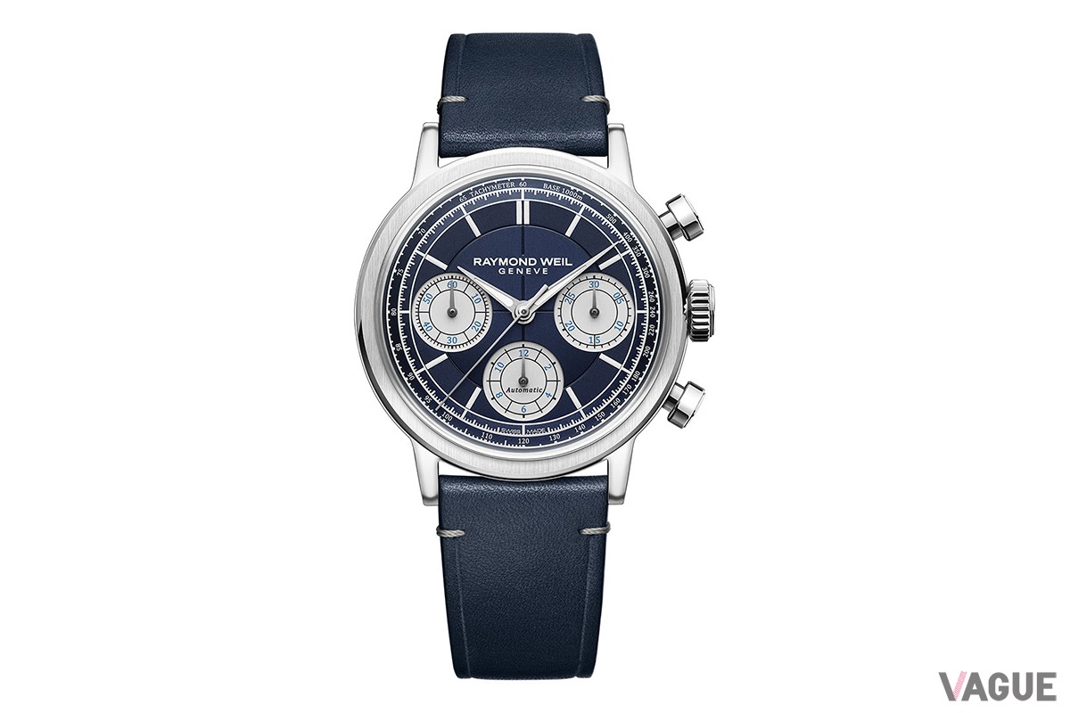「レイモンド ウェイル ミレジム クロノグラフ」ブルー×レザーストラップ（品番：7765-STC-50651　59万4000円、消費税別）