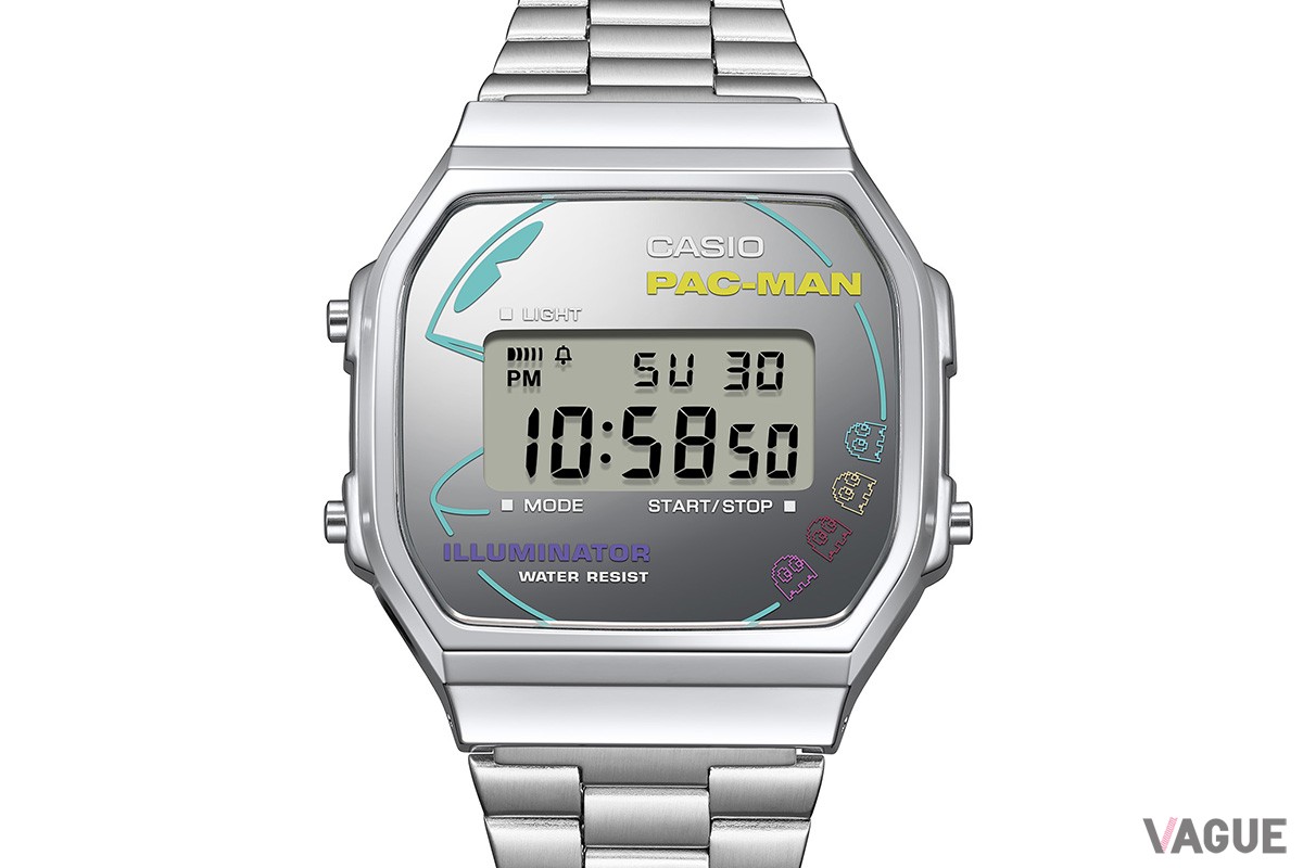 シルバーの蒸着ダイヤルに、パックマンとおなじみの4種類のゴースト（ブリンキー、インキー、クライド、ピンキー）を大胆にレイアウトした「A168WEPC-7AJR」