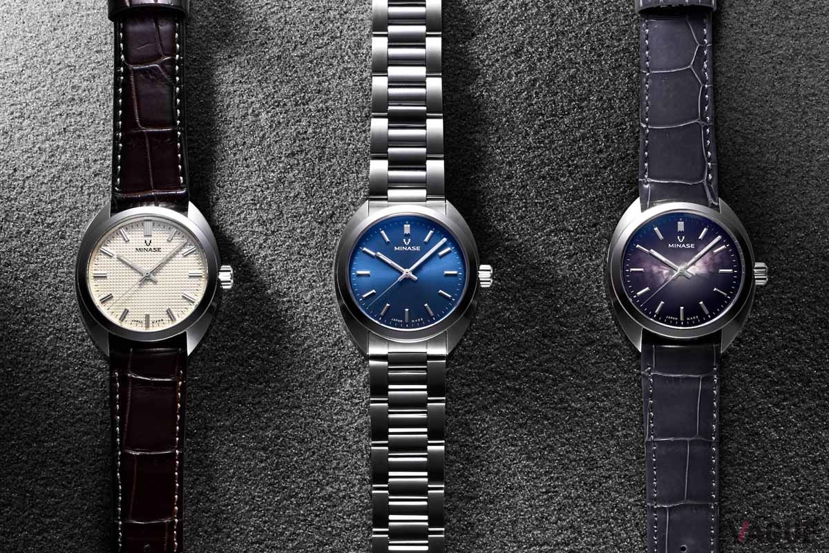 立体的で精巧なピラミッドがベースになっているクラシカルなダイヤルのエンボスダイヤル（左）、中央から放射状に施されたヘアラインが光を拾うサンレイダイヤル（中）、「電鋳」という製法で製作された雪平ダイヤル（右）