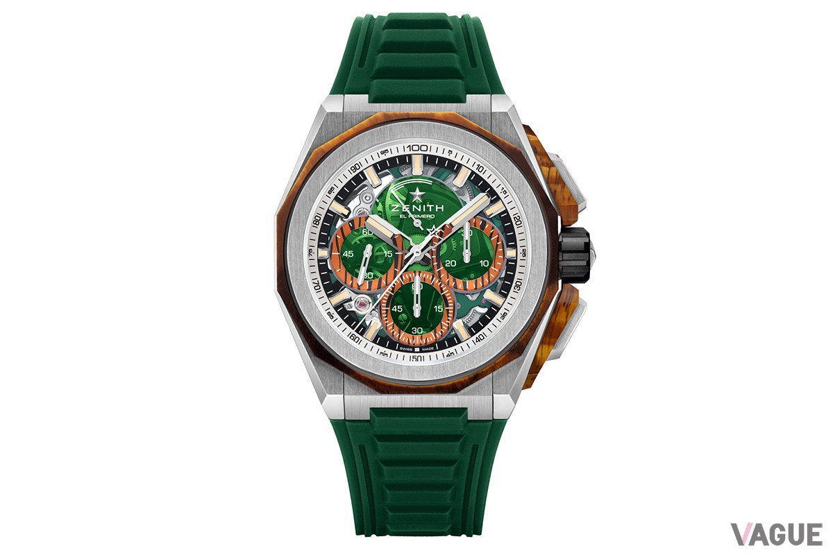 タイムピースに唯一無二の存在感を与える、ゴールドとブラウンが入り混じる美しい色合いの天然石タイガーアイ