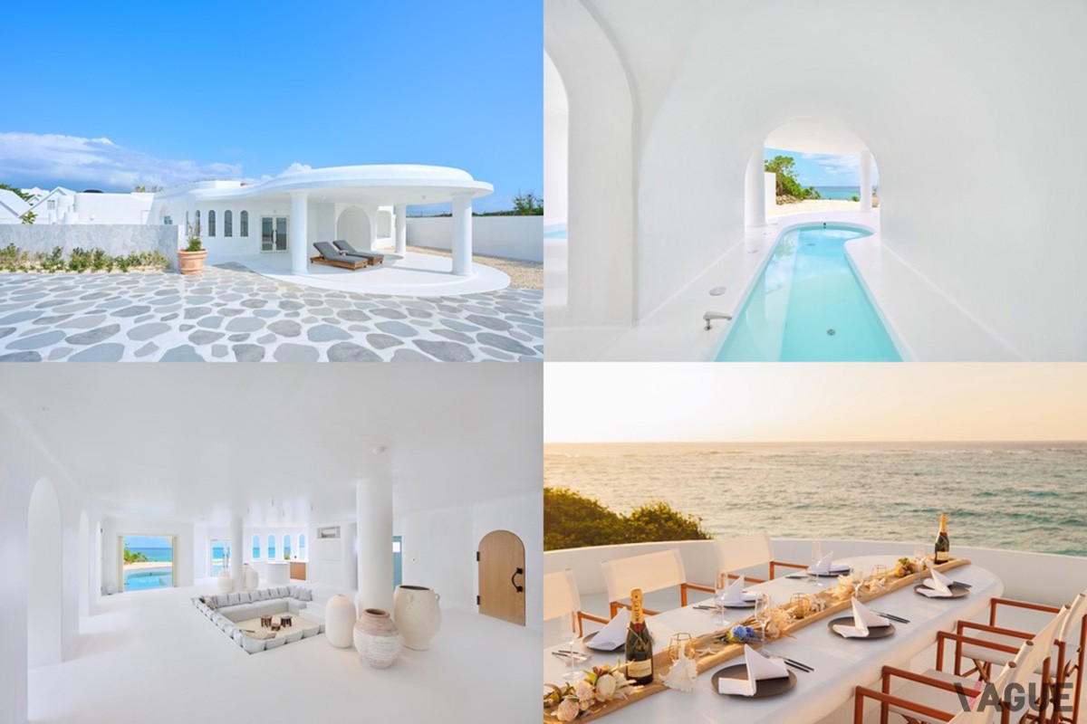 プリシアスイートヴィラにはプライベートプールや夕陽に染まる海を眺めながら食事が楽しめるサンセットダイニングも完備。純白の外観はまるで地中海リゾート