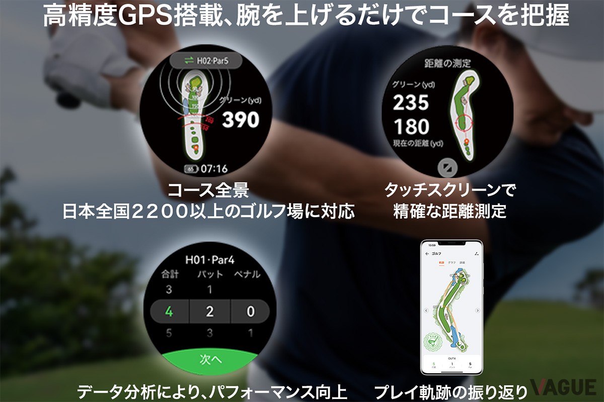 スマホを取り出さなくても手元でコースの全体像を確認できる充実のゴルフナビゲーション機能。精度アップしたGPSのおかげで正確な位置を確認できるのも魅力