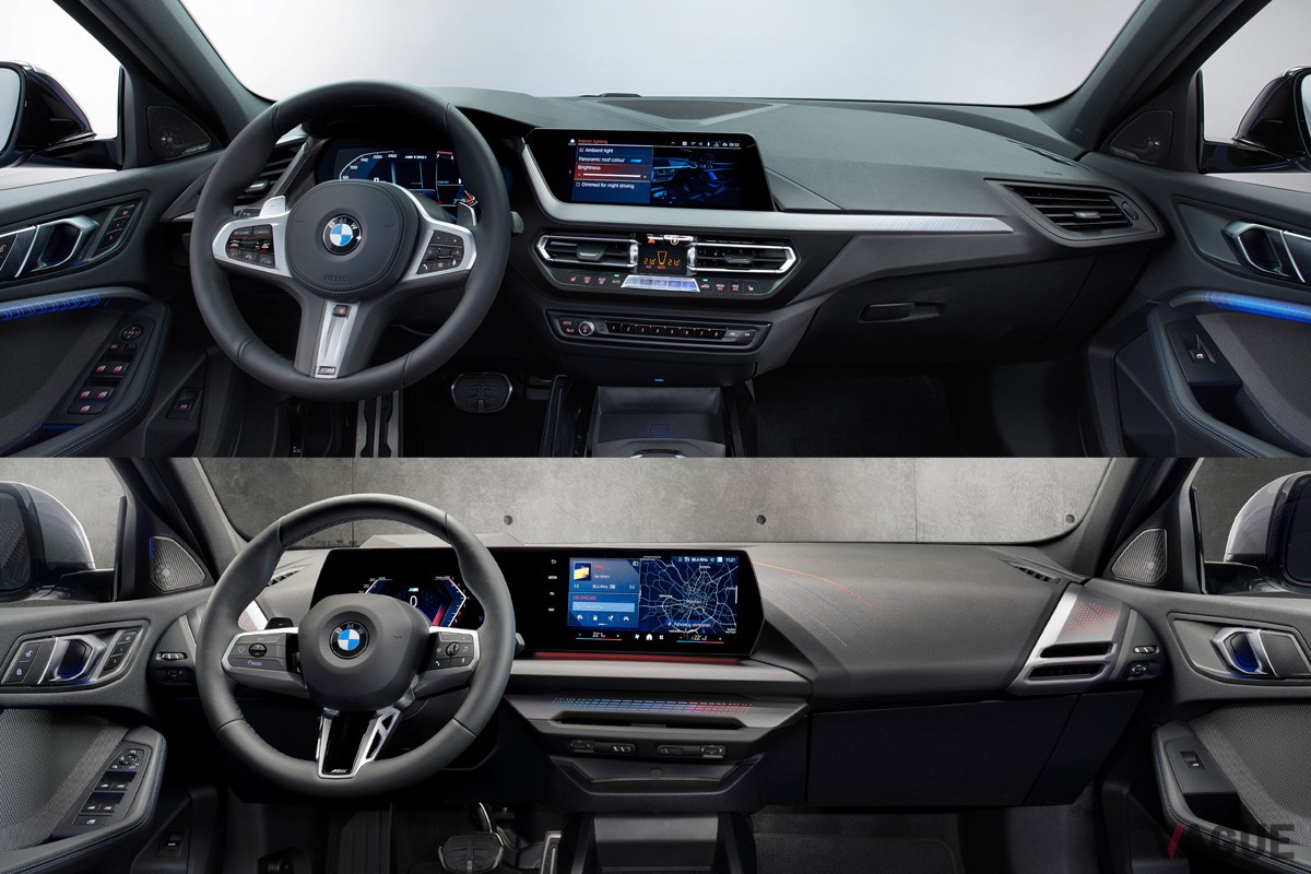 写真上は旧モデルのF40型、右はF70型の新型BMW「1シリーズ」のインテリア