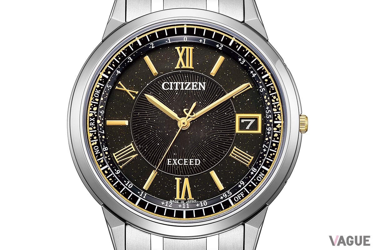 「シチズン エクシード エコ・ドライブ電波時計 ダイレクトフライト CB1144-60E」（19万2500円 消費税込）。ダイヤルにはラメを練り込む。中央の渦を巻くようなパターンも特徴