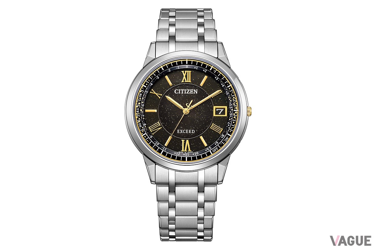 「シチズン エクシード エコ・ドライブ電波時計 ダイレクトフライト CB1144-60E」（19万2500円 消費税込）。ダイヤルにはラメを練り込む。中央の渦を巻くようなパターンも特徴