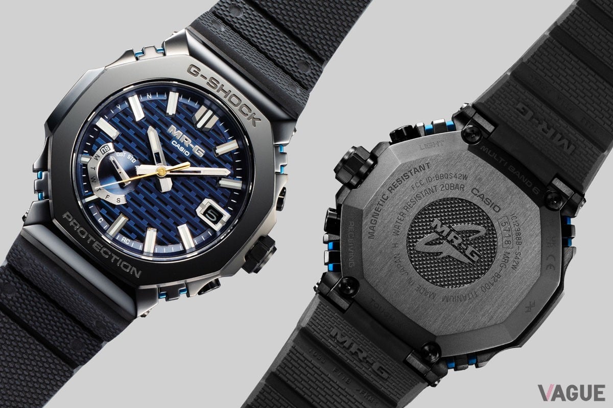 バンド素材には高い耐久性を実現するフッ素ラバーを採用し、表面にショックレジストマーク、裏面にレンガパターンのテクスチャーをあしらわれている