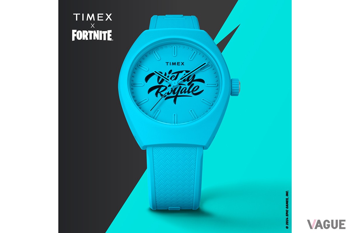 “victory royale”の文字を大胆にあしらった「TIMEX X FORTNITE：URBAN POP ブルー」。シンプルながらも目を惹く大人っぽいデザイン