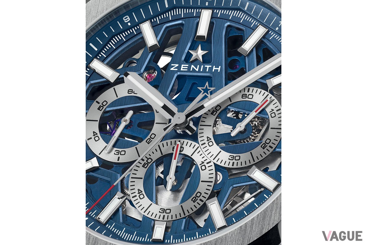 繊細な中にも力強さを感じさせるオープンダイヤルはゼニスの十八番。幾重にも重ねたレイヤーが生み出す陰影がメカニカルな魅力を強調する