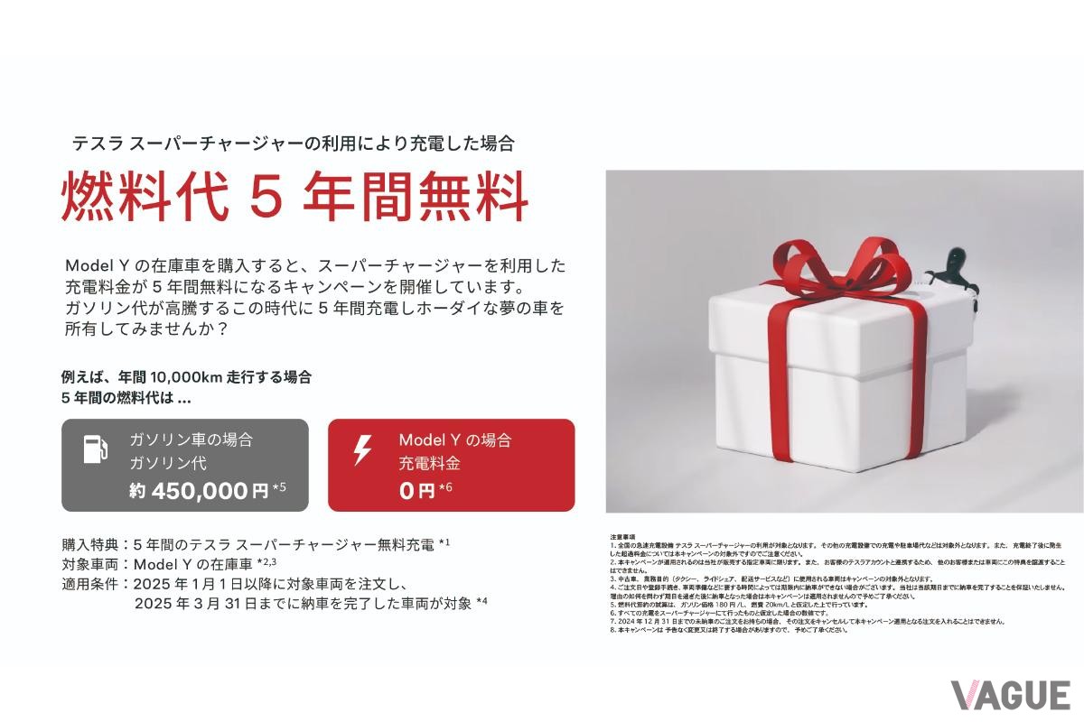 納車後5年間無料でテスラ・スーパーチャージャーを使用できる特典を用意