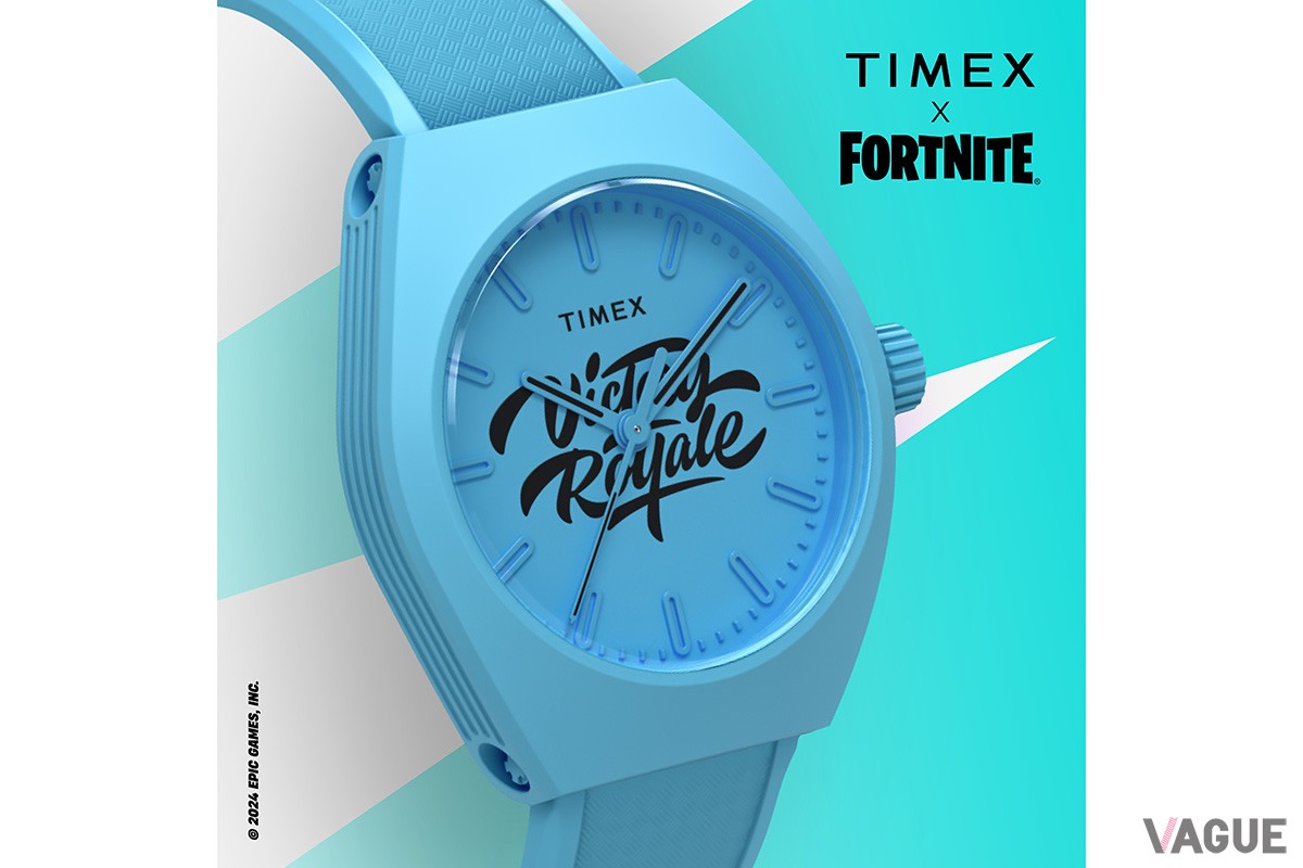 “victory royale”の文字を大胆にあしらった「TIMEX X FORTNITE：URBAN POP ブルー」。シンプルながらも目を惹く大人っぽいデザイン