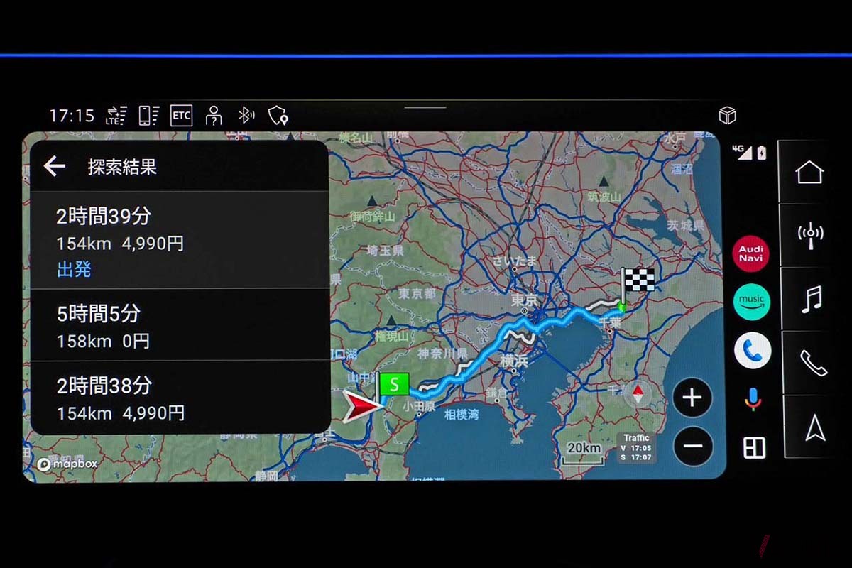 目的地を設定すると、スマートフォンでは最大5ルートを表示するが、Android Auto／CarPlayでは最大3ルートまでとなる