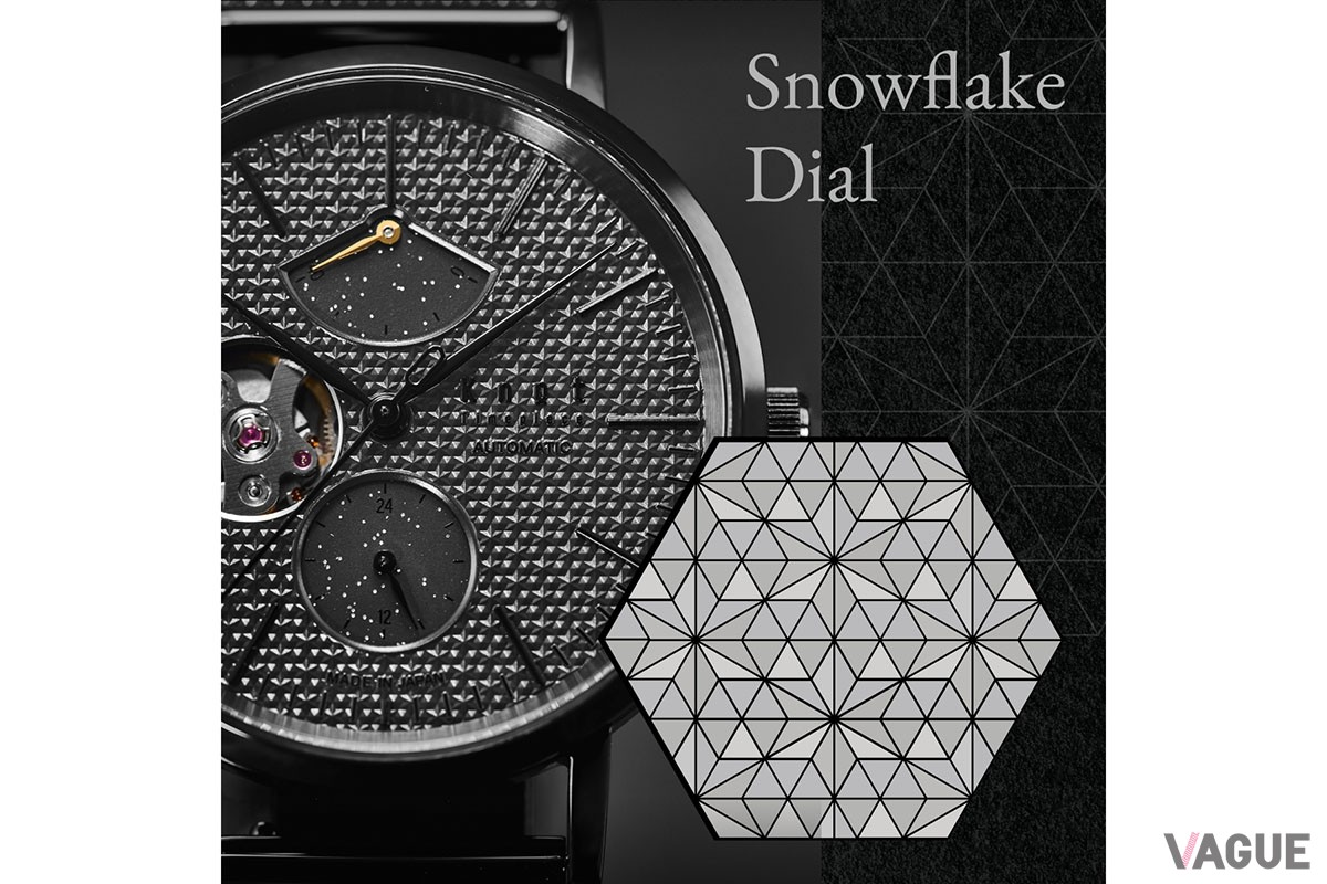 ダイヤルの細かなパターンは、星と六角形の雪の結晶を組み合わせてパターン化したもの