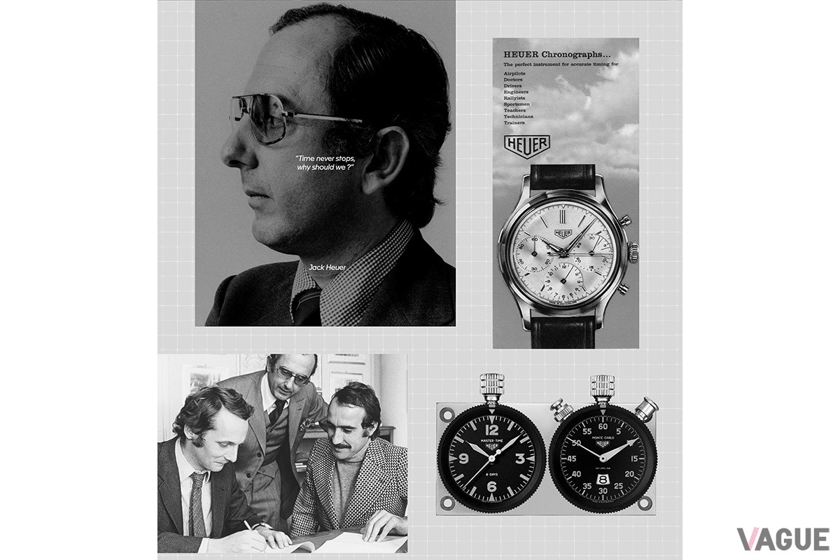 （左上）ジャック・ホイヤー、（左下）ジャック・ホイヤーとF1ドライバーのクレイ・レガツォーニとジョー・シフェール。（右下）ラリー マスター、（右上）1962年発行のカタログの表紙