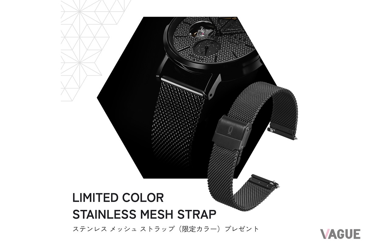 購入時にはIPステンレスメッシュベルトが付属。Knotのストラップは工具不要で付け替え可能なので多彩なラインナップの別売りベルトに替えて楽しんでもOK
