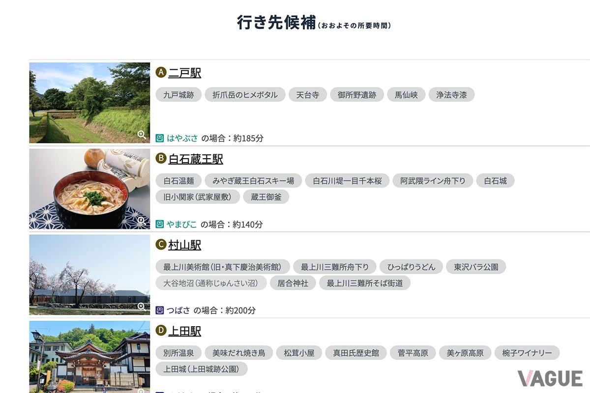 行き先候補駅の例。表示された4つの行き先候補に魅力を感じない場合は、再検索も可能だ