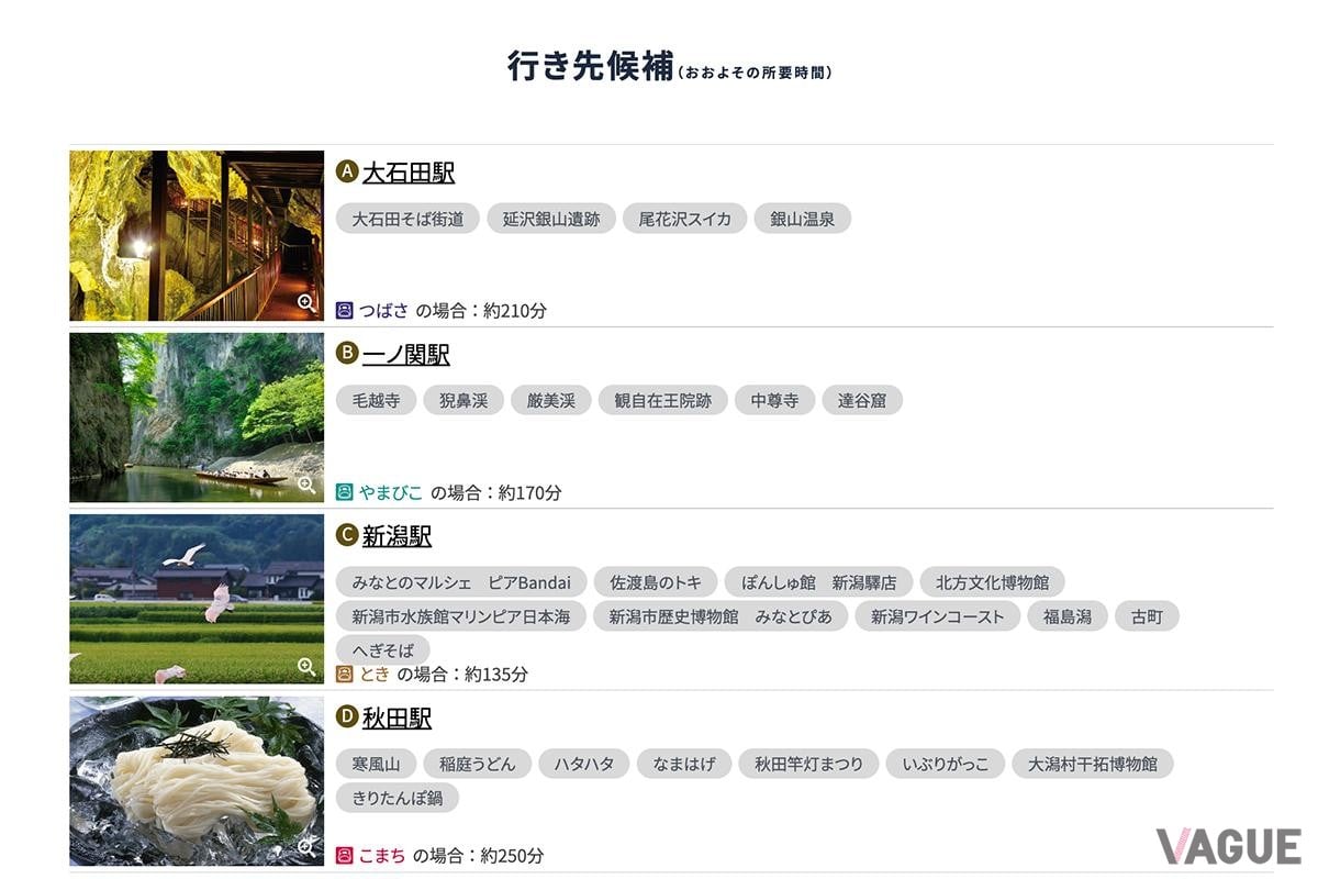 行き先候補駅の例。表示された4つの行き先候補に魅力を感じない場合は、再検索も可能だ