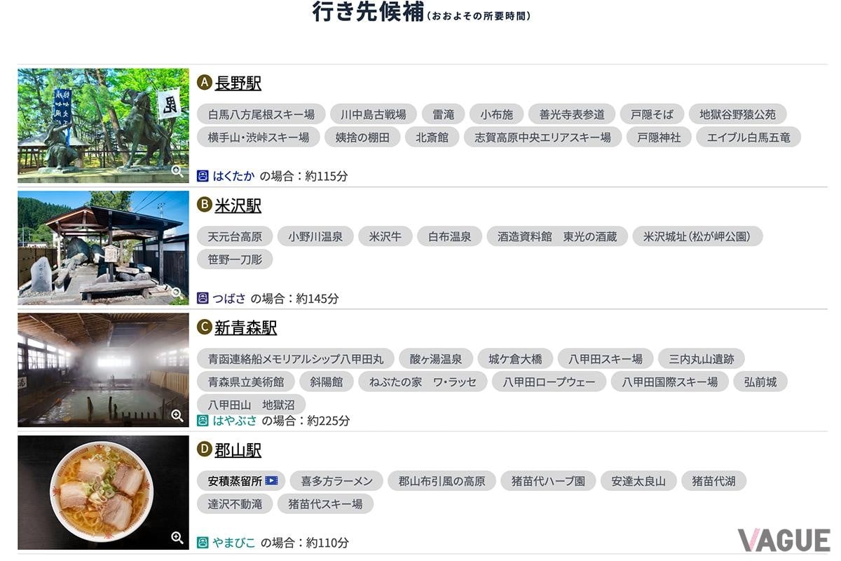 行き先候補駅の例。表示された4つの行き先候補に魅力を感じない場合は、再検索も可能だ