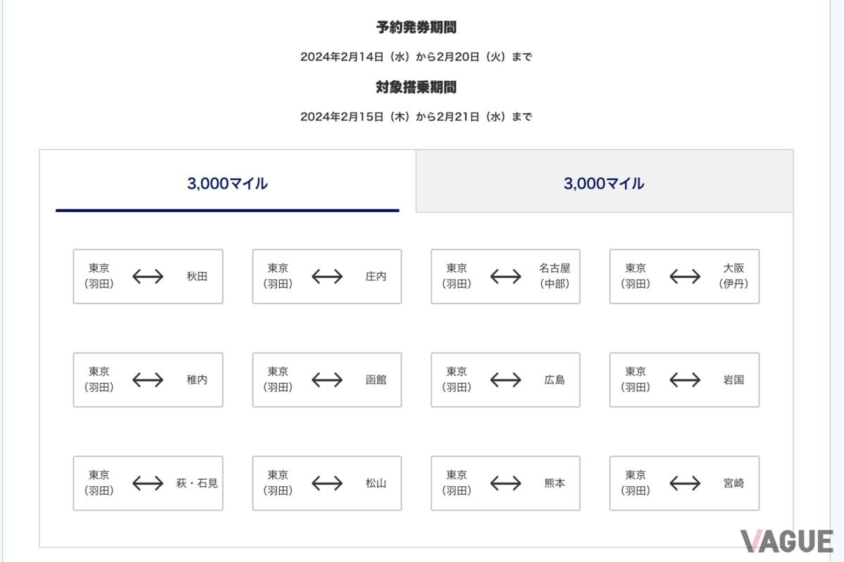 ANAのWEBサイト、「今週のトクたびマイル」から対象路線を探し空席確認、予約をおこなうことができる