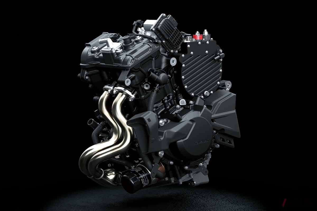 カワサキ新型「ニンジャ7ハイブリッド」に搭載されるストロングハイブリッドシステム。システム総合で69馬力・60Nmを発生する