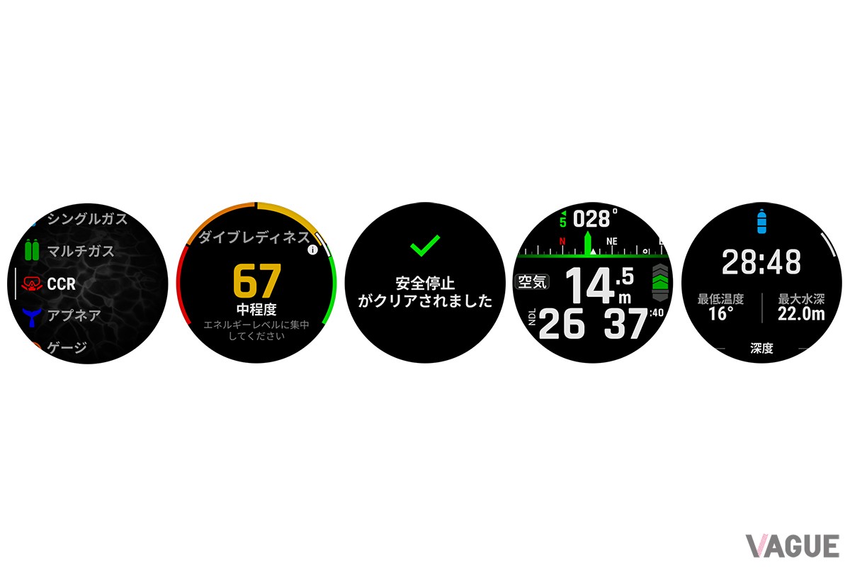 左から、ダイブモード選択、ダイブレディネス、ダイブアラート、水中電子コンパス、ダイブログ