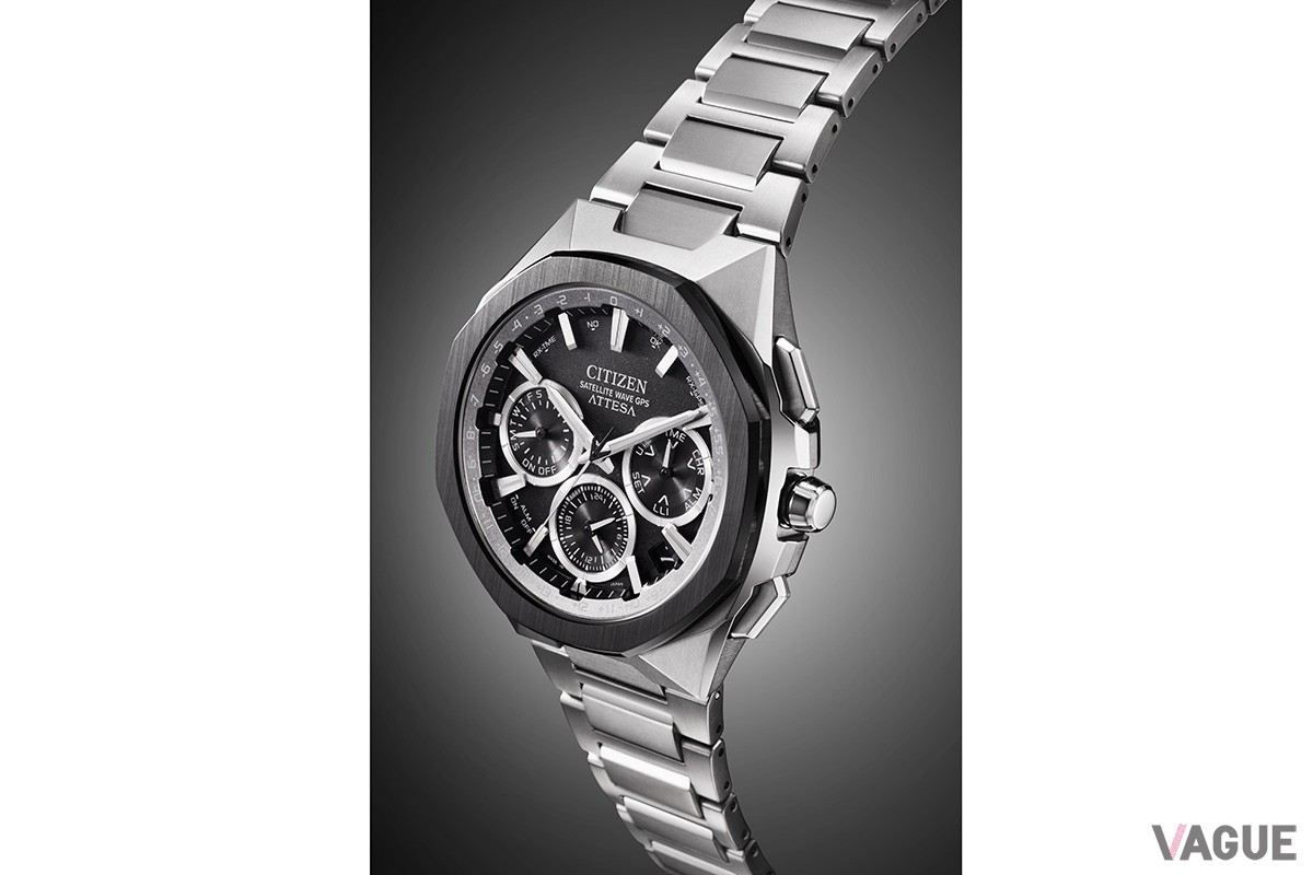 八角形ベゼルの角にフィットするケースの稜線、そこからバンドへと一体感あるデザインが美しい