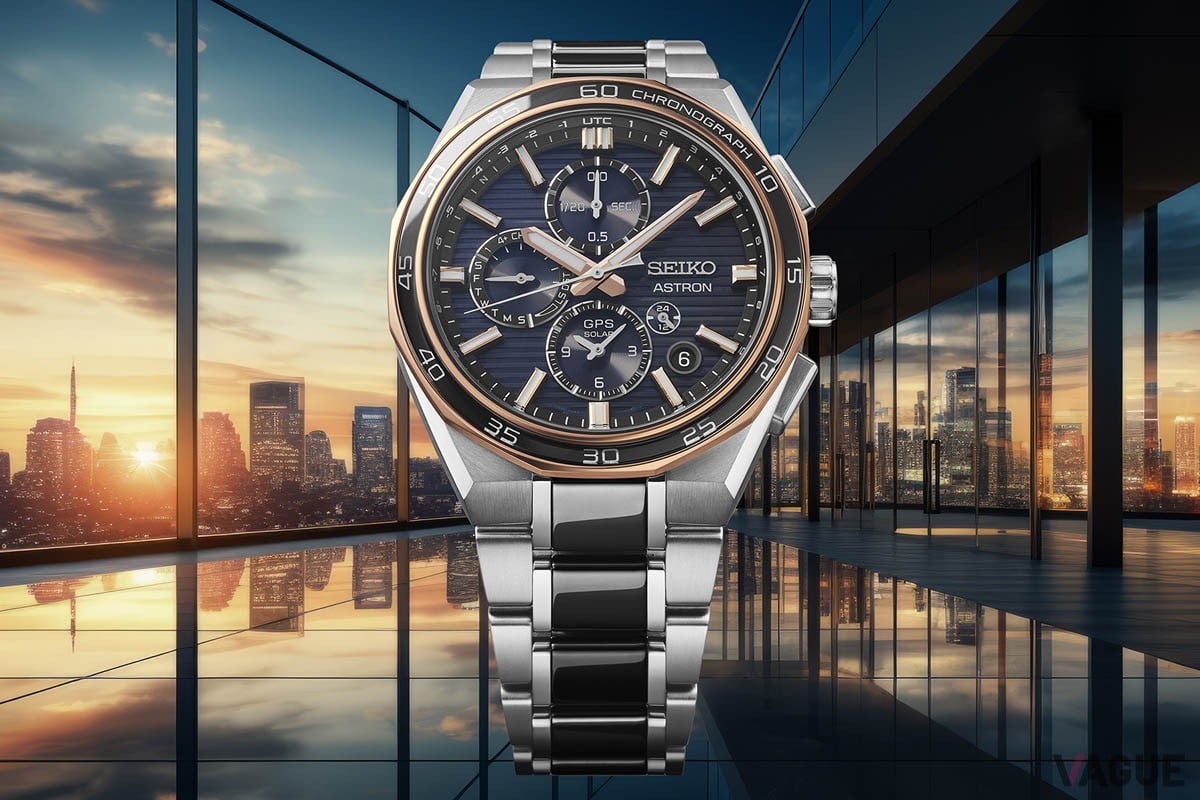 深いネイビーカラーのダイヤルにピンクゴールドカラーのアクセントを随所にあしらった「セイコー アストロン Nexter 2025限定モデル」