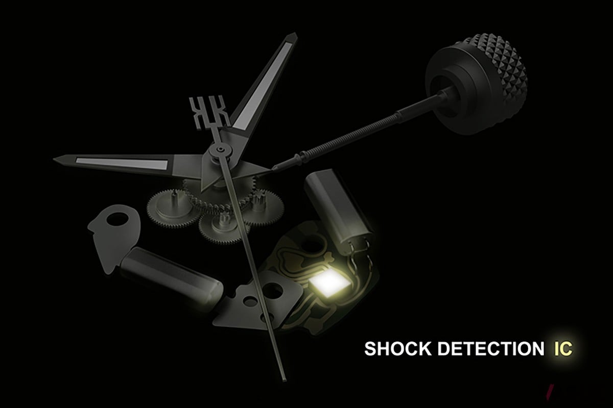 クオーツ式のクロノグラフムーブメントには、強い衝撃を受けた際でも誤作動を防ぐ“ショックディテクションIC”機能が搭載