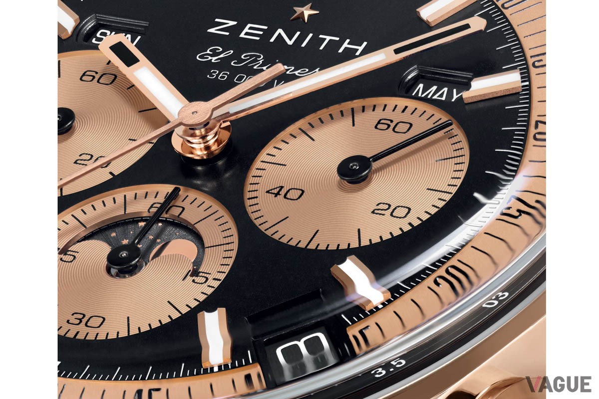 カレンダーの曜日と月の表示窓は11時位置と2時位置、日付はエル・プリメロの伝統を踏襲し4時半位置で表示