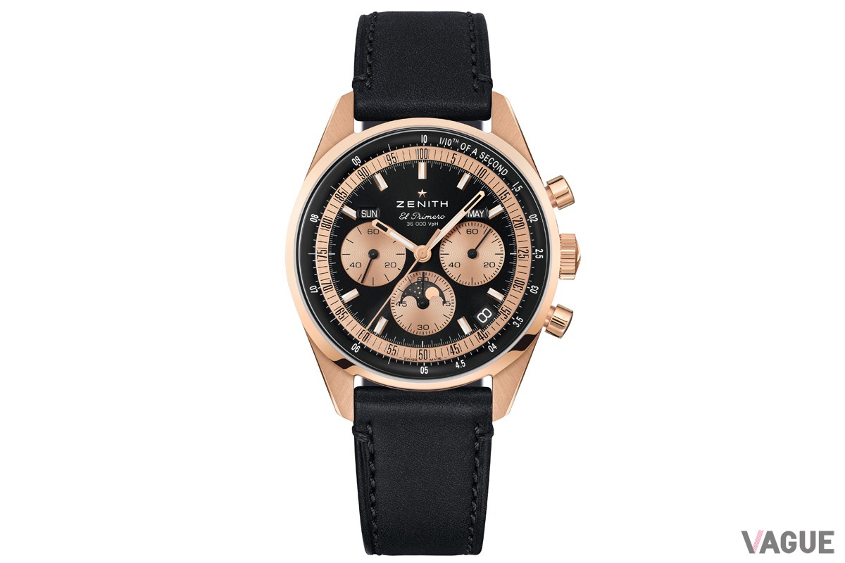 ストラップは18K ローズゴールド製フォールディングバックルが付いた、ブラックのカーフレザーストラップを採用