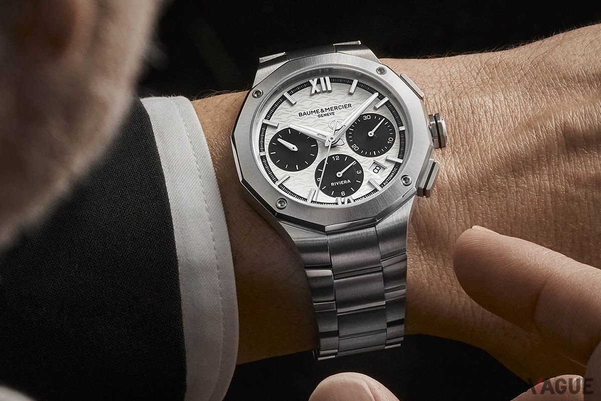 ハイコントラストなモノトーンの組み合わせで50年代の空気を再現した「リビエラ クロノグラフ デイト」。確かな視認性も魅力のひとつ