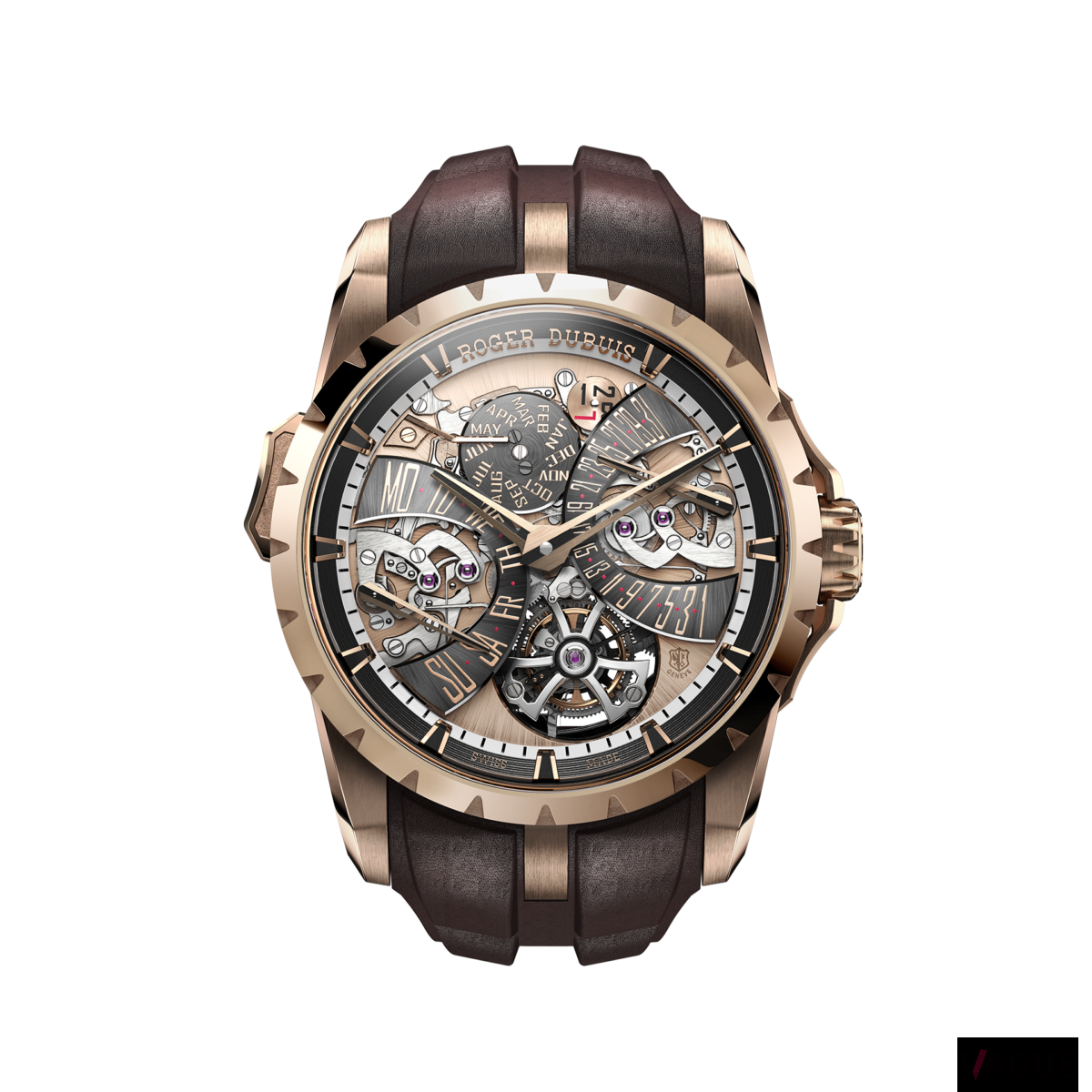 ケース径45mm、素材はピンクゴールド製。ブラウンのカーフストラップを合わせそのバックルもピンクゴールド製となっている