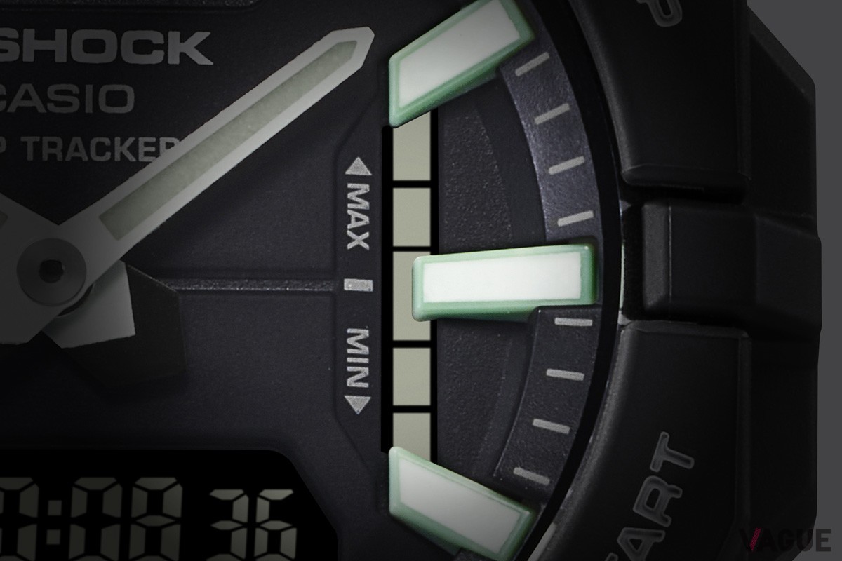 タイム・距離・平均ペース・消費カロリーの計測に対応し、3時位置のインジケーターで運動強度を5段階表示