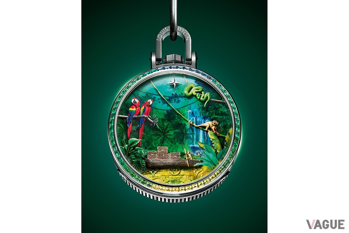 「ルイ・ヴィトン ポケットウォッチ　エスカル・アン・アマゾニ」。ダイヤル面ではそれぞれ独立して動く7つのアニメーションを15個のパーツで表現