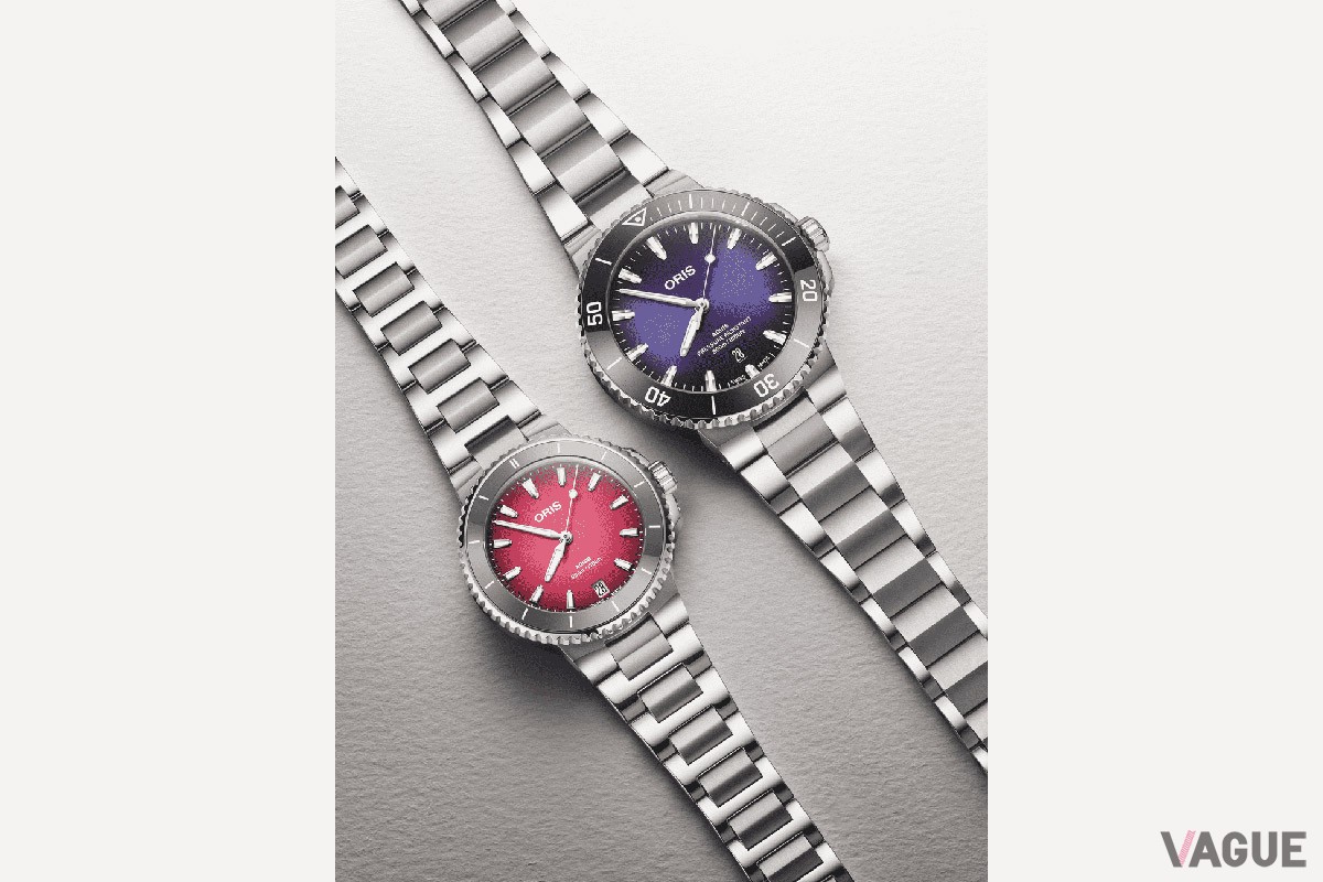 夏の日の日の出や日没直後の空をイメージしたというオリス定番ダイバーズ「アクイスデイト」の夏カラーモデルが登場した