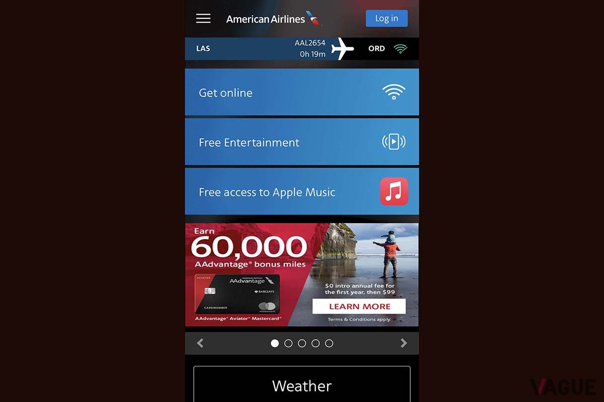 アメリカン航空国内線の機内Wi-Fiメニュー画面。映画や天気予報といったサービスは無料で楽しめた