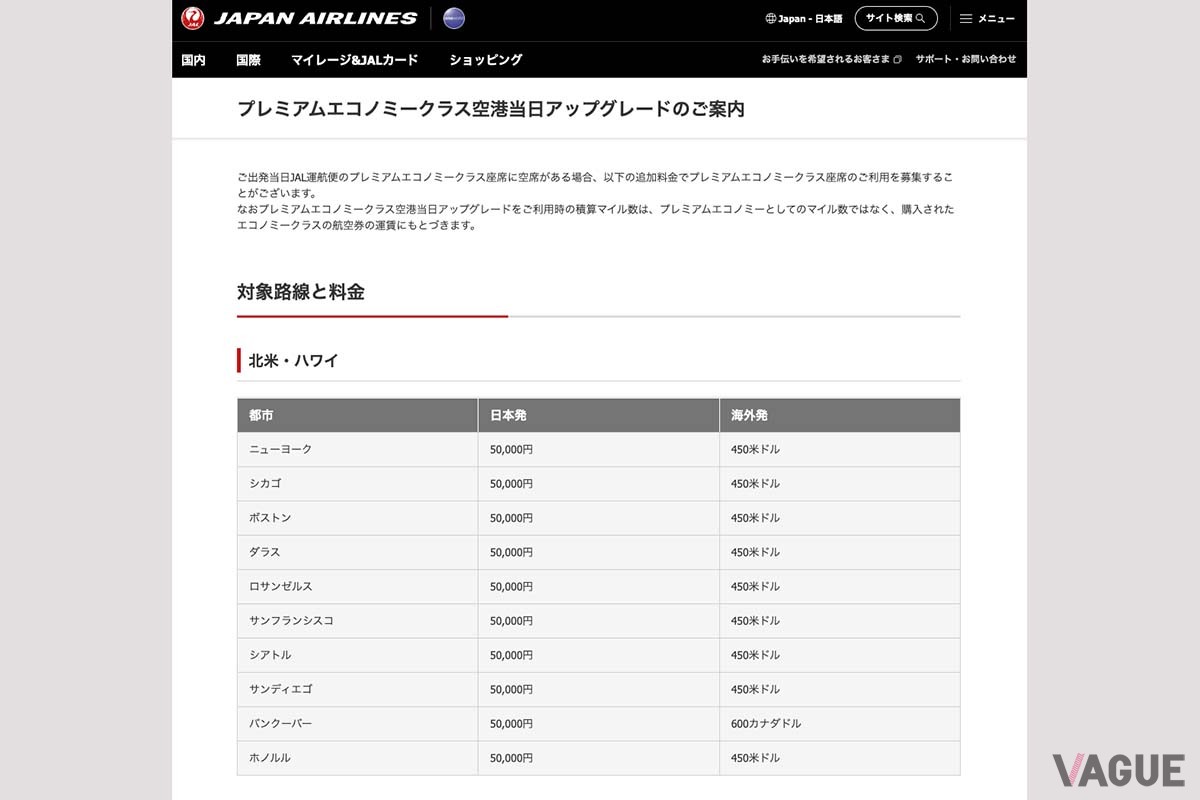 「プレミアムエコノミークラス空港当日アップグレード」の料金は、路線によって異なる。飛行時間が長い北米、ヨーロッパ路線は、時間あたりにすると東南アジア路線より安価だ