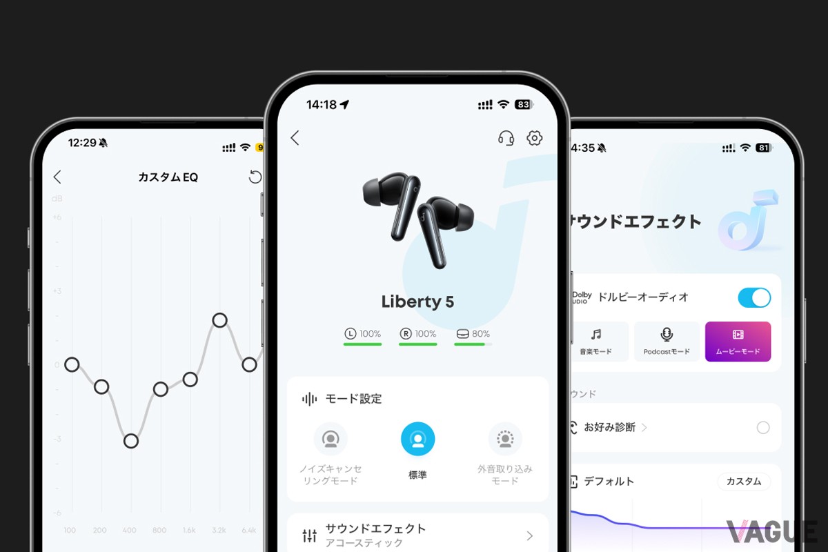 Soundcoreアプリを通じて各種モードの選択や、自分の好みに応じて高音や低音の音質調整、Dolby Audioなどの機能を利用できる