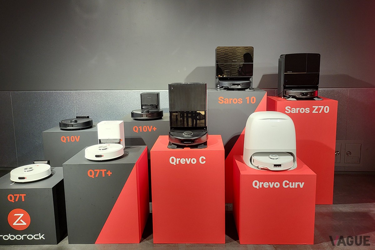 会場で展示されたRoborockの多彩な製品ラインアップ。プレミアムからエントリーモデルまで幅広く展開されている